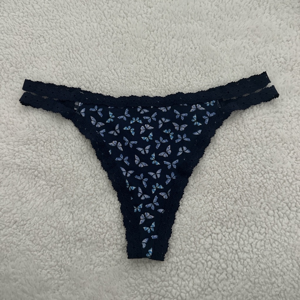 Victoria’s Secret Navy Blue Butterfly Print Lace Thong Panty